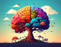 Flat design vector-style image of a draw colored brain like a tree expands whit element Royalty Free Stock Photo