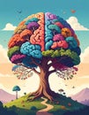 Flat design vector-style image of a draw colored brain like a tree expands whit element Royalty Free Stock Photo