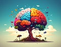Flat design vector-style image of a draw colored brain like a tree expands whit element Royalty Free Stock Photo