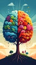 Flat design vector-style image of a draw colored brain like a tree expands whit element Royalty Free Stock Photo