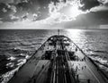 A black and white image shows the deck of a large tanker ship moving through the ocean Royalty Free Stock Photo