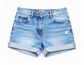 Light blue jean shorts isolated on white, top view. Stylish clothes Royalty Free Stock Photo