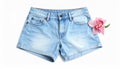 Light blue jean shorts isolated on white, top view. Stylish clothes Royalty Free Stock Photo