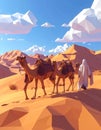 Low poly 3D image of camels in desert with arab people historic Royalty Free Stock Photo