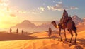 Low poly 3D image of camels in desert with arab people historic Royalty Free Stock Photo