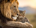A lion (Panthera leo) affectionately nuzzles a domestic tabby cat Royalty Free Stock Photo