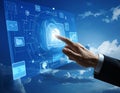 A human hand in a suit touches a virtual interface screen featuring various digital icons Royalty Free Stock Photo