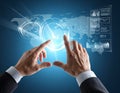 A digitally enhanced scene showing a pair of male hands in a suit interacting with a futuristic virtual interface Royalty Free Stock Photo