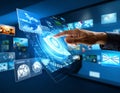 Futuristic interface showcasing a hand interacting with a virtual touchscreen Royalty Free Stock Photo