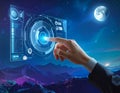 A hand interacts with a futuristic, holographic interface displaying various digital elements Royalty Free Stock Photo