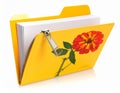 Yellow file folder designed with a vivid red and orange zinnia flower Royalty Free Stock Photo