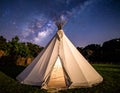 A traditional conical tipi stands on a grassy field under a clear, starry sky with the Milky Way visible Royalty Free Stock Photo