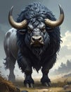 Fantasy cartoon artistic image of a large, long-furred grey ox with a thick black man Royalty Free Stock Photo