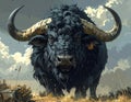 Fantasy cartoon artistic image of a large, long-furred grey ox with a thick black man Royalty Free Stock Photo