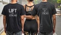 Clothing that say LIFTFIT with the slogan -Show up strong- on yoga clothes. Rear View Royalty Free Stock Photo