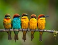 Five colorful bee-eaters (Meropidae) perched on a branch against a blurred green background Royalty Free Stock Photo