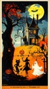 A 1920s Beistle-inspired illustration captures a eerily enchanting haunted house Royalty Free Stock Photo