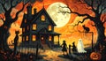 A 1920s Beistle-inspired illustration captures a eerily enchanting haunted house Royalty Free Stock Photo