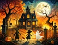 A 1920s Beistle-inspired illustration captures a eerily enchanting haunted house Royalty Free Stock Photo