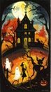 A 1920s Beistle-inspired illustration captures a eerily enchanting haunted house Royalty Free Stock Photo