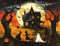 A 1920s Beistle-inspired illustration captures a eerily enchanting haunted house Royalty Free Stock Photo