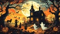 A 1920s Beistle-inspired illustration captures a eerily enchanting haunted house Royalty Free Stock Photo