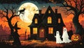 A 1920s Beistle-inspired illustration captures a eerily enchanting haunted house Royalty Free Stock Photo