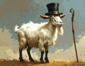 Cartoon artistic image of a side viewof a whole goat with a top hat and a cane Royalty Free Stock Photo