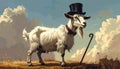 Cartoon artistic image of a side viewof a whole goat with a top hat and a cane Royalty Free Stock Photo