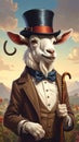 Cartoon artistic image of a side viewof a whole goat with a top hat and a cane Royalty Free Stock Photo