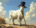 Cartoon artistic image of a side viewof a whole goat with a top hat and a cane Royalty Free Stock Photo