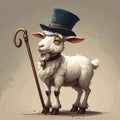 Cartoon artistic image of a side viewof a whole goat with a top hat and a cane Royalty Free Stock Photo