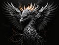 Black and white photography style image of a pheonix head with flames on black background. Royalty Free Stock Photo