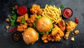 Assorted breaded chicken burger, chicken popcorn, chicken nuggets, chicken tempura Royalty Free Stock Photo