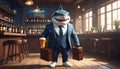 Anthropomorphic artistic image of smiling shark wearing white shoes and dark suit hol Royalty Free Stock Photo