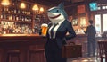 Anthropomorphic artistic image of smiling shark wearing white shoes and dark suit hol Royalty Free Stock Photo