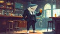 Anthropomorphic artistic image of smiling shark wearing white shoes and dark suit hol Royalty Free Stock Photo