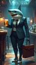 Anthropomorphic artistic image of smiling shark wearing white shoes and dark suit hol Royalty Free Stock Photo
