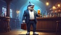 Anthropomorphic artistic image of smiling shark wearing white shoes and dark suit hol Royalty Free Stock Photo
