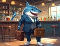 Anthropomorphic artistic image of smiling shark wearing white shoes and dark suit hol Royalty Free Stock Photo