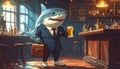 Anthropomorphic artistic image of smiling shark wearing white shoes and dark suit hol Royalty Free Stock Photo