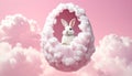 Bunny easter egg floting in clouds made of cotton, funny cut in pink background with Royalty Free Stock Photo