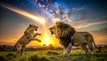 Lion fighting comet Green and yellow tones Royalty Free Stock Photo