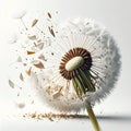 Dandylion with tiny egg shell fragments explosively flying white background Royalty Free Stock Photo