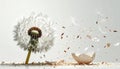 Dandylion with tiny egg shell fragments explosively flying white background Royalty Free Stock Photo
