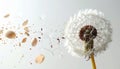 Dandylion with tiny egg shell fragments explosively flying white background Royalty Free Stock Photo