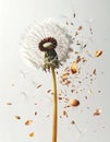 Dandylion with tiny egg shell fragments explosively flying white background Royalty Free Stock Photo