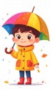 Cute cartoon boy with colorful umbrella, child in raincoat, simple flat illustration. Generated image Royalty Free Stock Photo