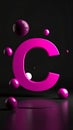 Letter C with, magenta color, cinema 4d, cinematic, render, circles and balls floatin Royalty Free Stock Photo