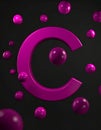 Letter C with, magenta color, cinema 4d, cinematic, render, circles and balls floatin Royalty Free Stock Photo